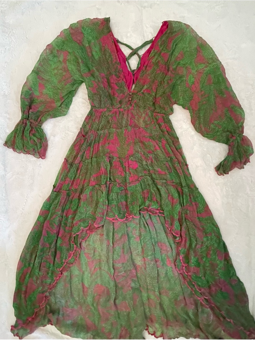HEMANT & NANDITA Green and Pink Tiered V‑Neck Maxi Dress